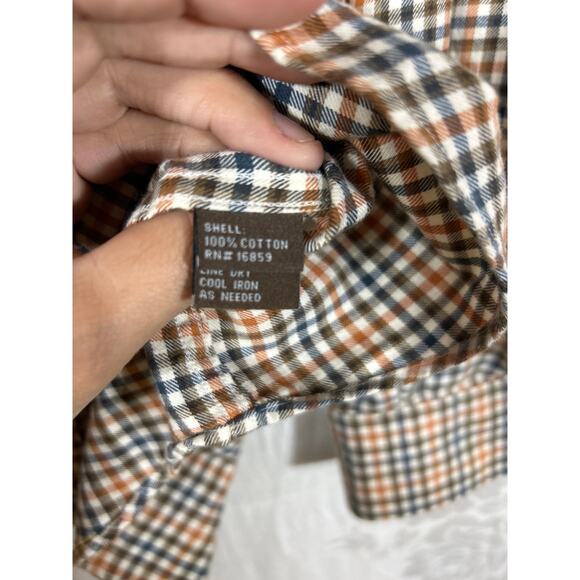 J McLaughlin Flannel Shirt Large Brown Plaid Gingham Trim Fit - Picture 7 of 11
